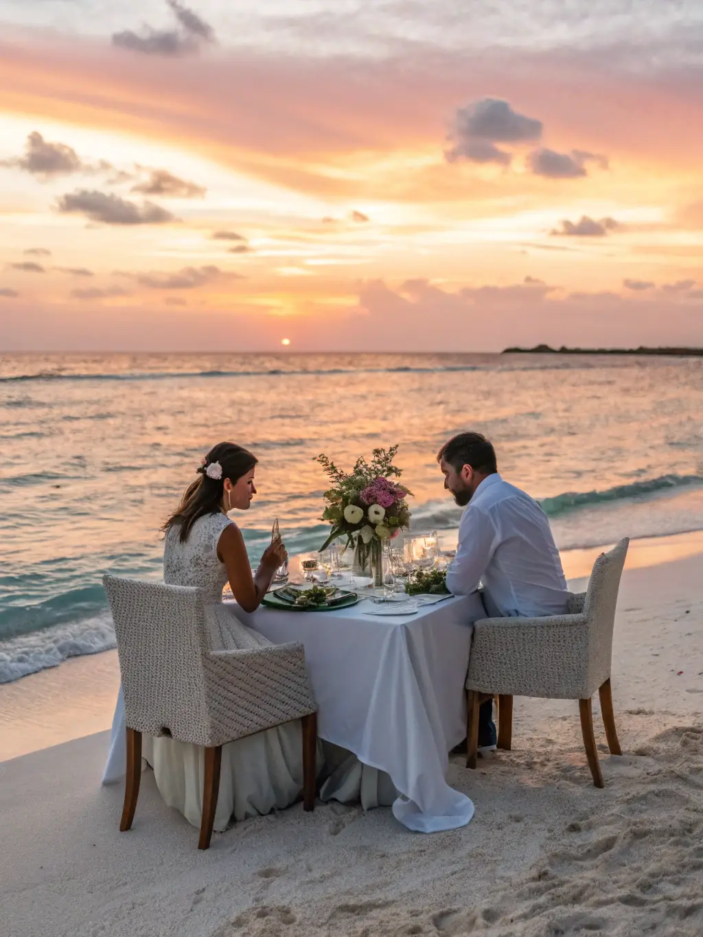 A couple enjoying a private dinner on a secluded beach in Abu Dhabi, with candles and a personalized menu. The image should evoke romance and intimacy.