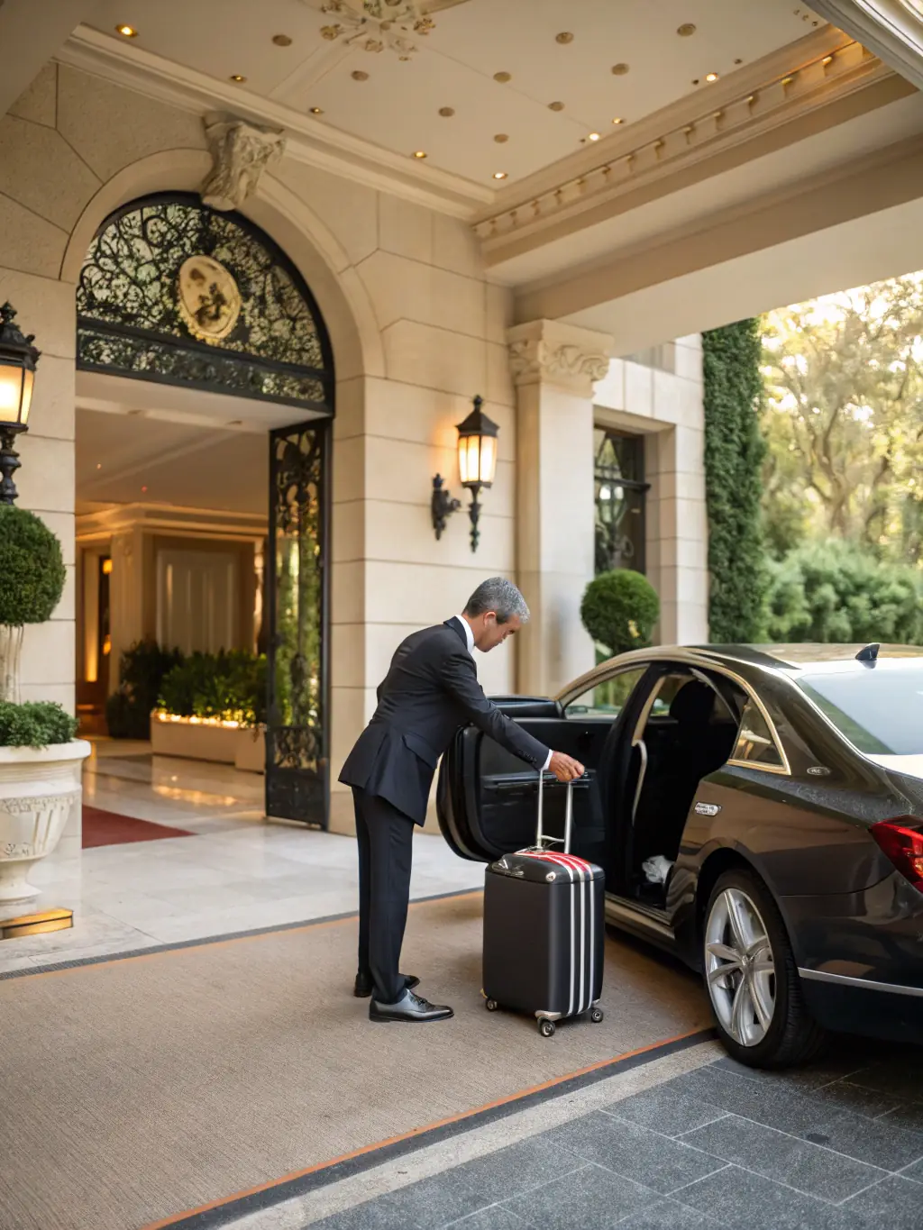 A high-quality photo of a personal concierge assisting an international traveler with their luggage at a luxury hotel in London, showcasing personalized service.