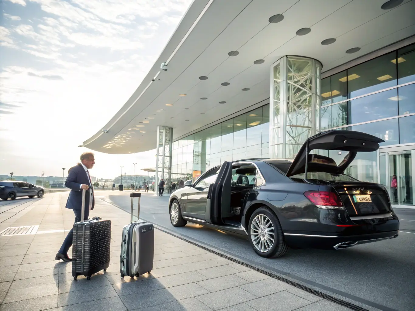A high-angle, wide shot of a luxury car, such as a Rolls Royce or Bentley, pulling up to the private terminal of Abu Dhabi International Airport. The lighting is warm and inviting, suggesting a smooth and exclusive arrival experience.