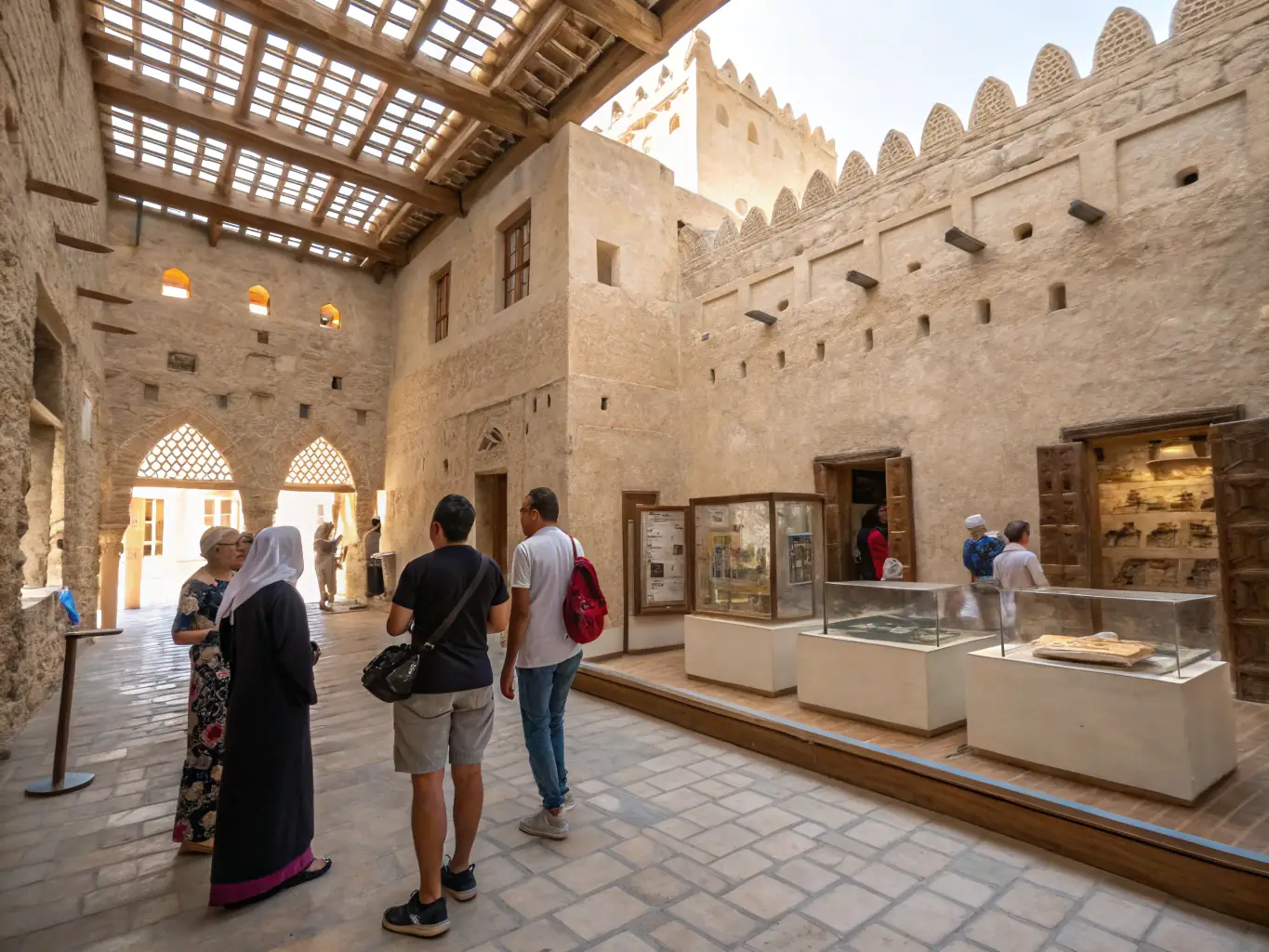 A group of tourists, including families and couples, are shown enjoying a guided tour of a historical site in Sharjah, such as the Sharjah Arts Museum or the Heart of Sharjah. The scene captures the essence of cultural immersion and exploration.