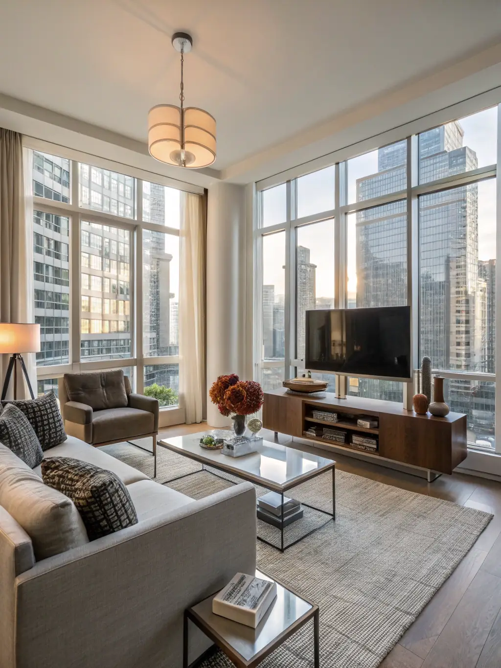 A stylish apartment interior in Manchester, showcasing modern design and comfort, with a view of the city's skyline.