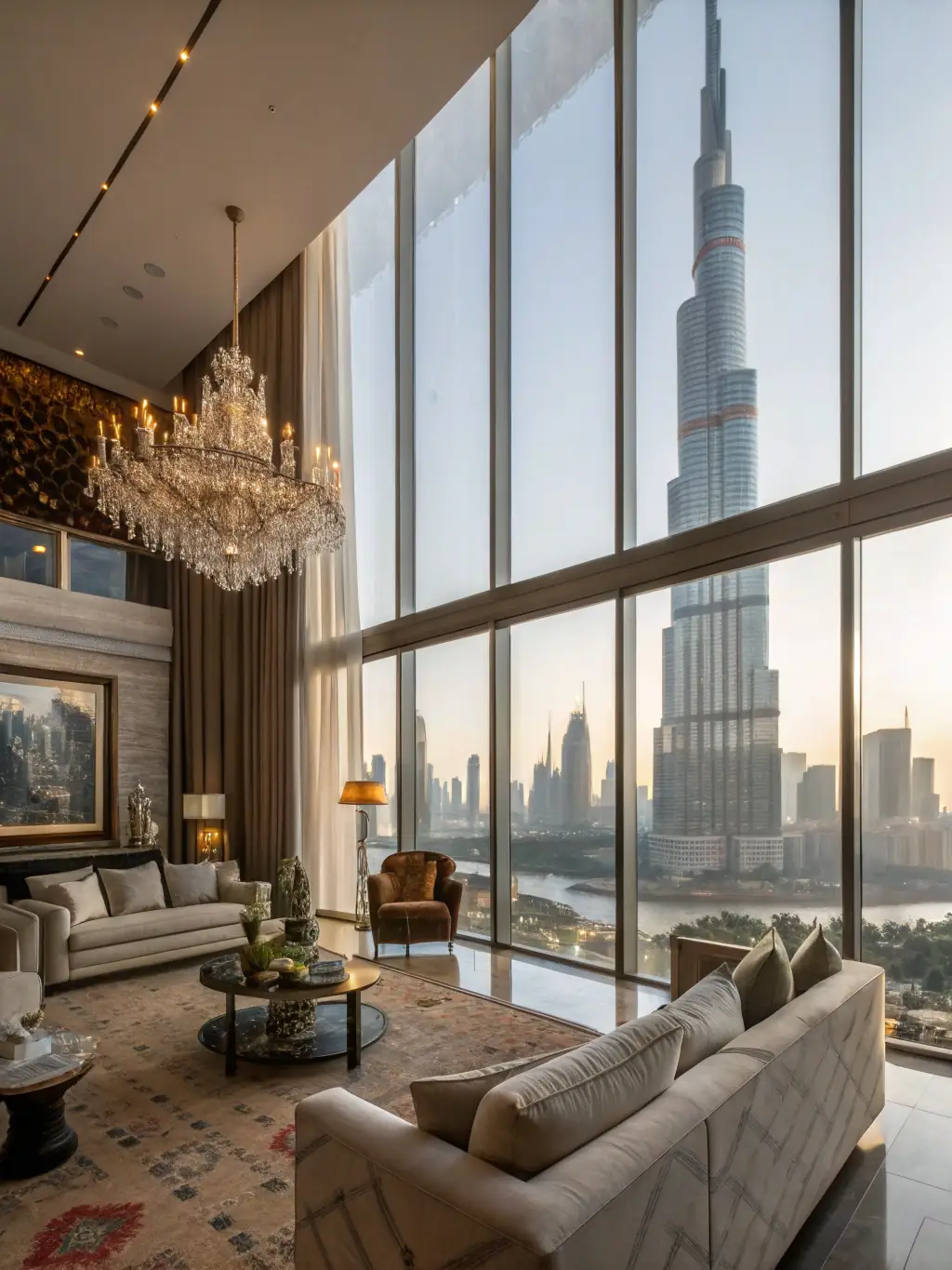 A beautifully decorated interior of a luxury apartment in downtown Dubai, showcasing high-end furnishings, floor-to-ceiling windows with city views, and a sense of spaciousness and elegance.