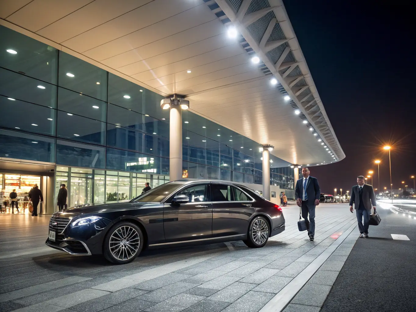 A sleek, modern black car, such as a Bentley or Rolls Royce, awaits passengers at the private terminal of Manchester Airport. The background shows the airport's control tower and a private jet.