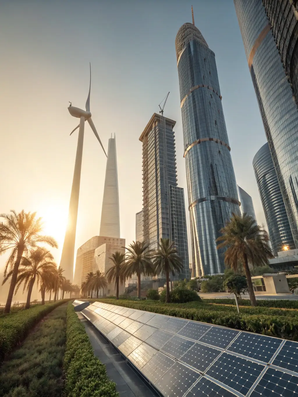 A stunning aerial view of the Dubai skyline at dusk, showcasing the modern architecture and vibrant city lights, emphasizing luxury and sophistication.