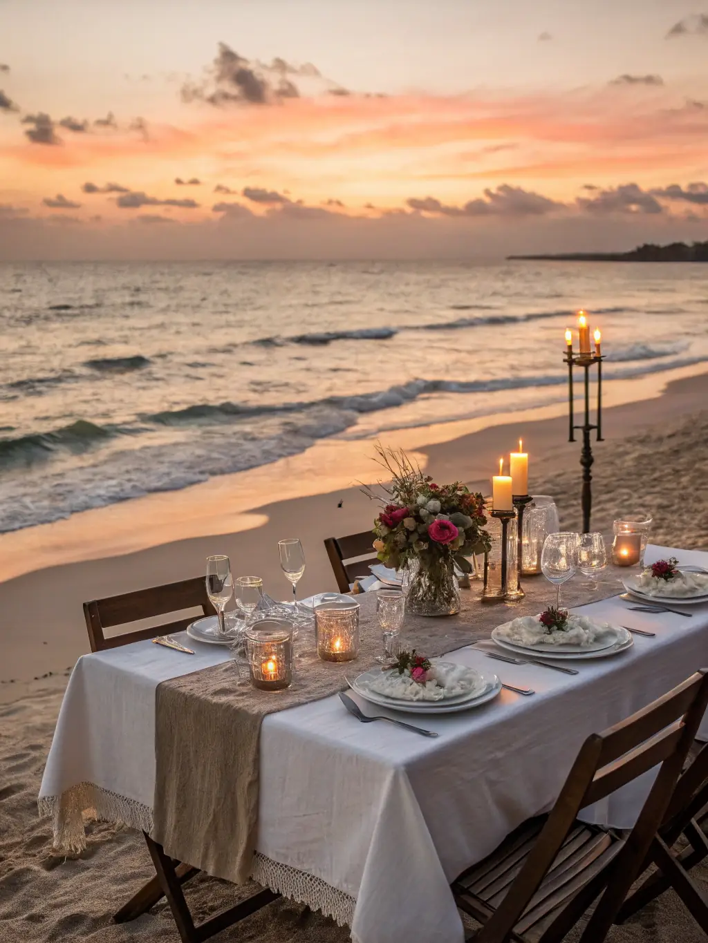 A romantic setup on Ajman beach at sunset, with a beautifully decorated table, candles, and a gourmet meal being served. The scene should evoke intimacy and exclusivity.
