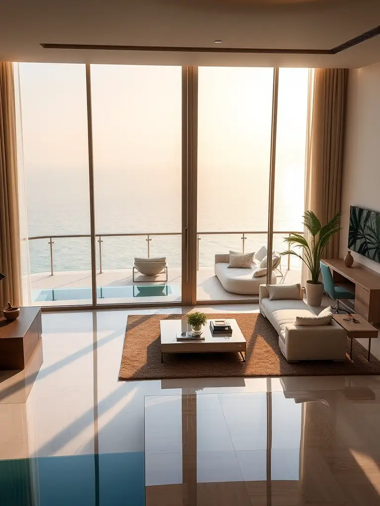 A beautifully decorated, modern beachfront apartment in Ajman, featuring floor-to-ceiling windows with stunning views of the Arabian Gulf. The interior should showcase high-end furnishings and a serene atmosphere.