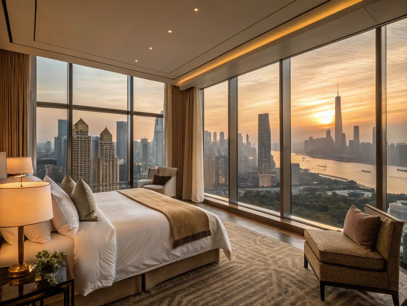 A luxurious hotel suite in Dubai with a panoramic view of the city skyline at sunset, showcasing the opulence and exclusivity of JPN Elite Concierge's luxury stay services.
