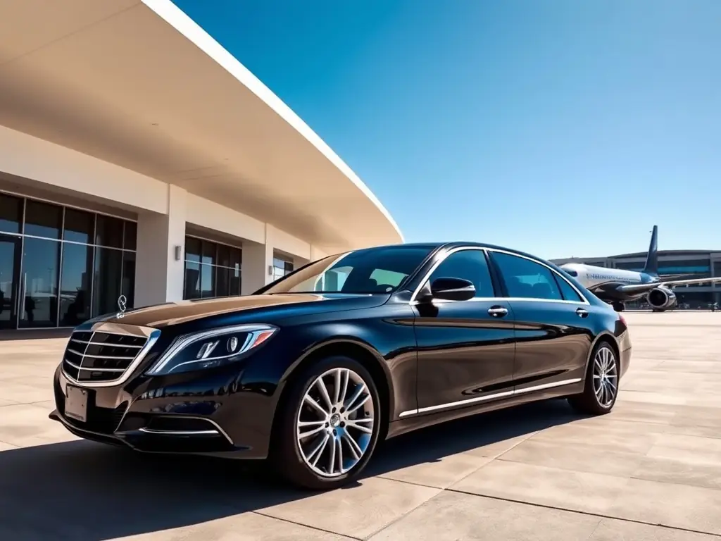 A sleek, black Mercedes-Benz S-Class awaits passengers at the private terminal of Heathrow Airport, symbolizing JPN Elite Concierge's luxury airport transfer service. The background shows the blurred lights of the airport at dusk.