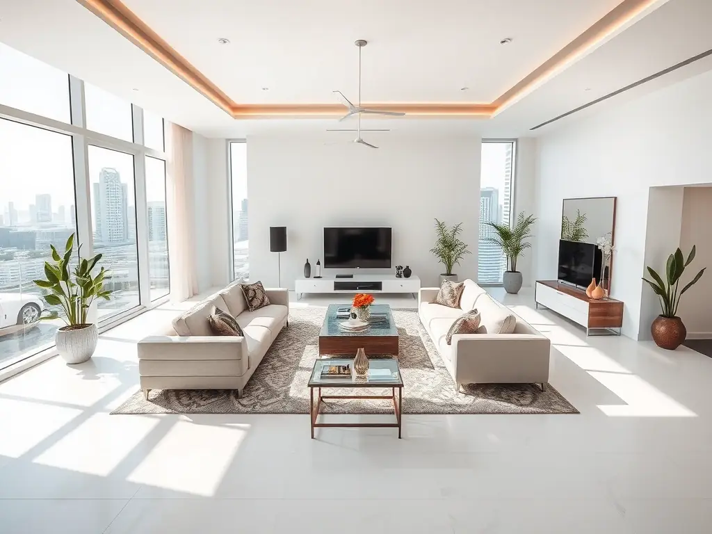 A beautifully decorated, modern luxury apartment in Abu Dhabi, featuring floor-to-ceiling windows with a stunning view of the city skyline or the Arabian Gulf. The interior design is elegant and minimalist, with high-end furnishings and artwork.