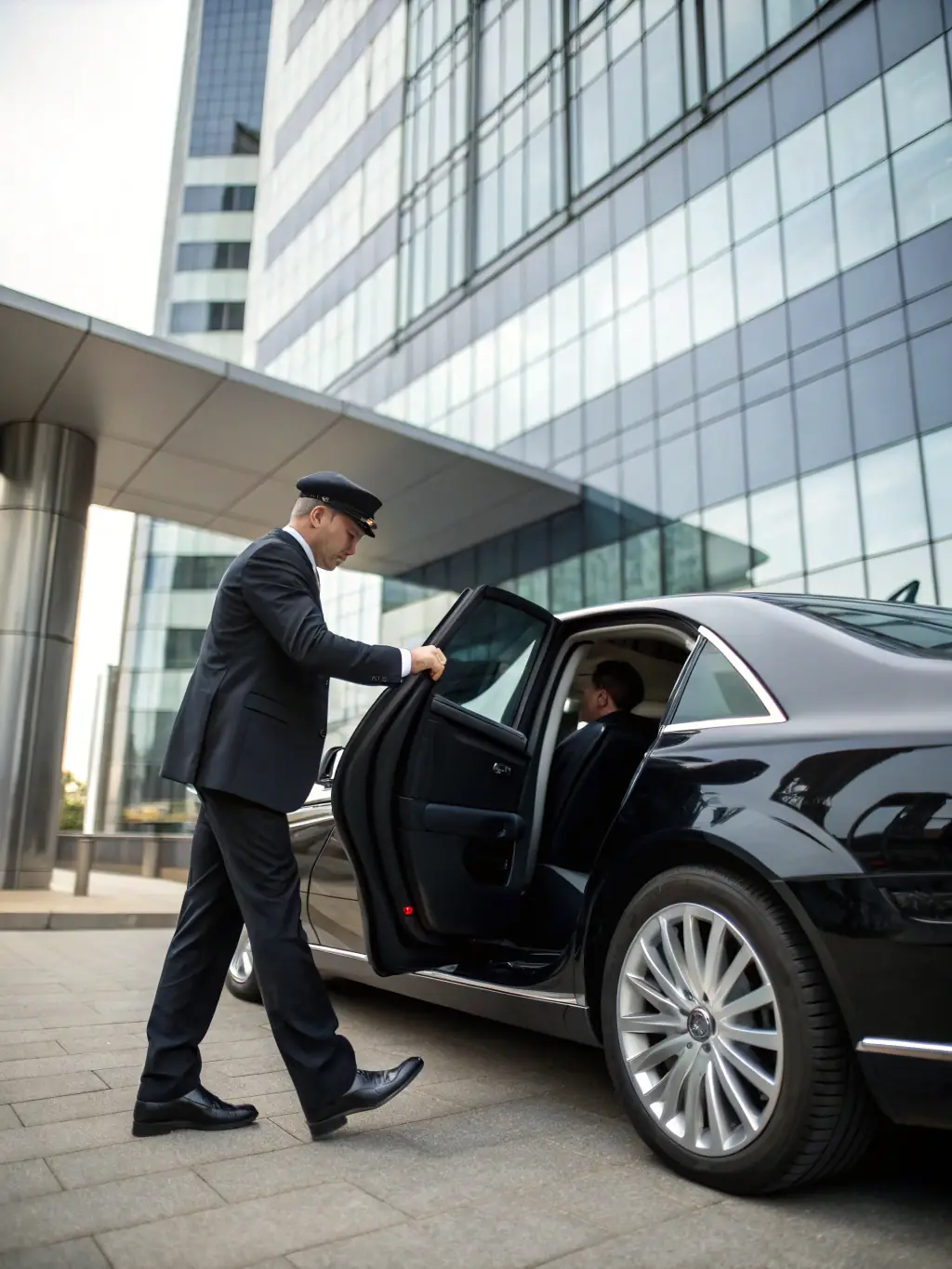 A professional photograph of a uniformed chauffeur opening the door of a luxury sedan for a client in front of a high-end hotel in Dubai. The focus is on the impeccable service and attention to detail.