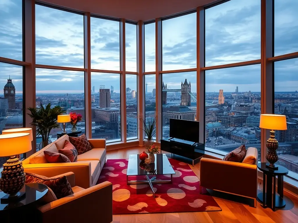 An elegantly decorated penthouse apartment overlooking the London skyline at night, showcasing JPN Elite Concierge's exclusive short-stay apartment offerings. The lights of the city twinkle in the background.