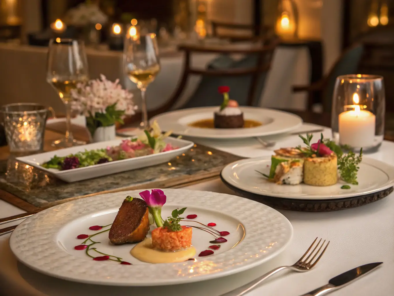 A beautifully set table at a high-end restaurant in London, showcasing exquisite cuisine and elegant ambiance, representing JPN Elite Concierge's fine dining reservation services.