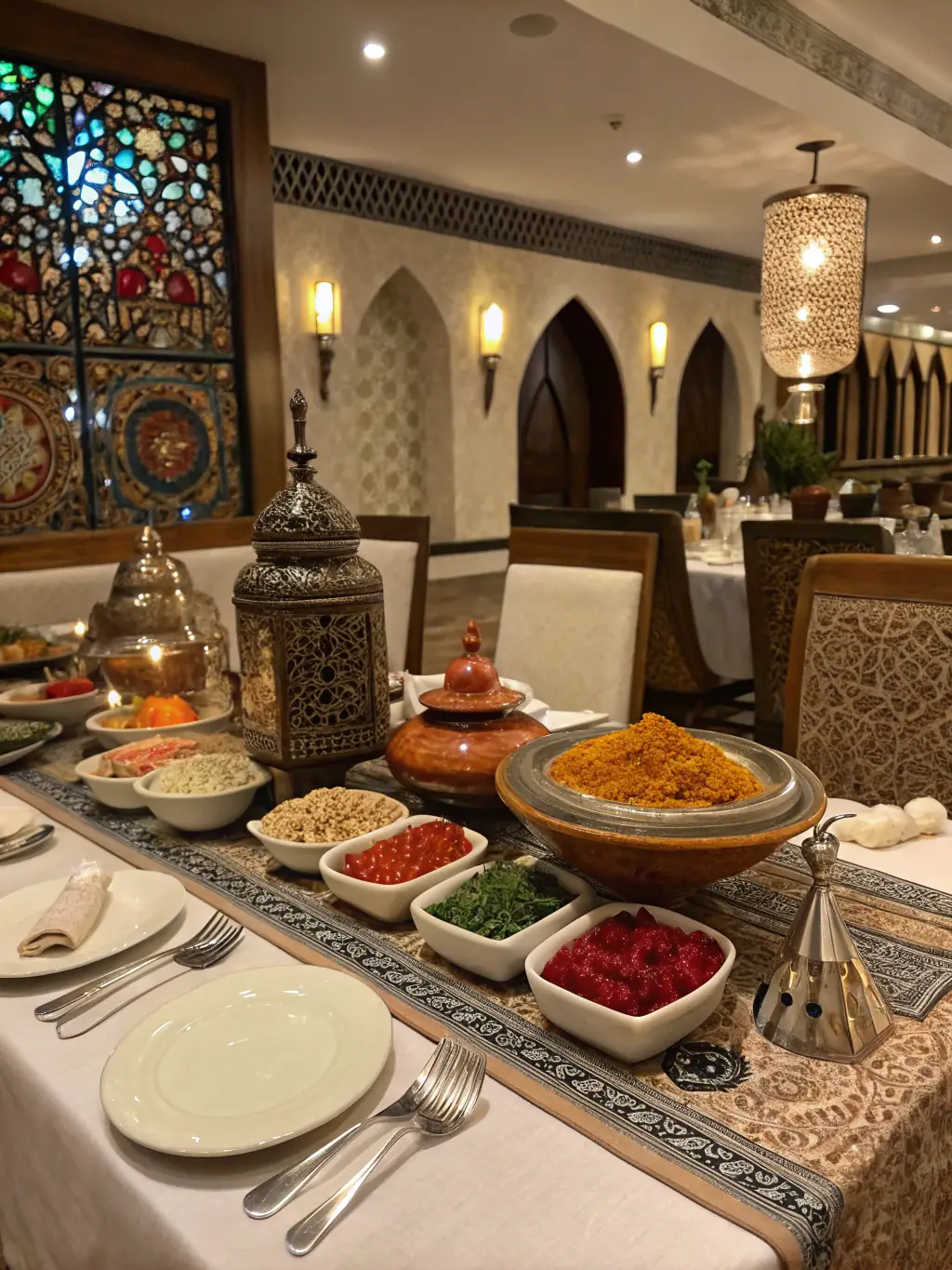 A beautifully set table at a high-end restaurant in Dubai, showcasing exquisite cuisine and elegant ambiance, representing JPN Elite Concierge's fine dining reservation services.