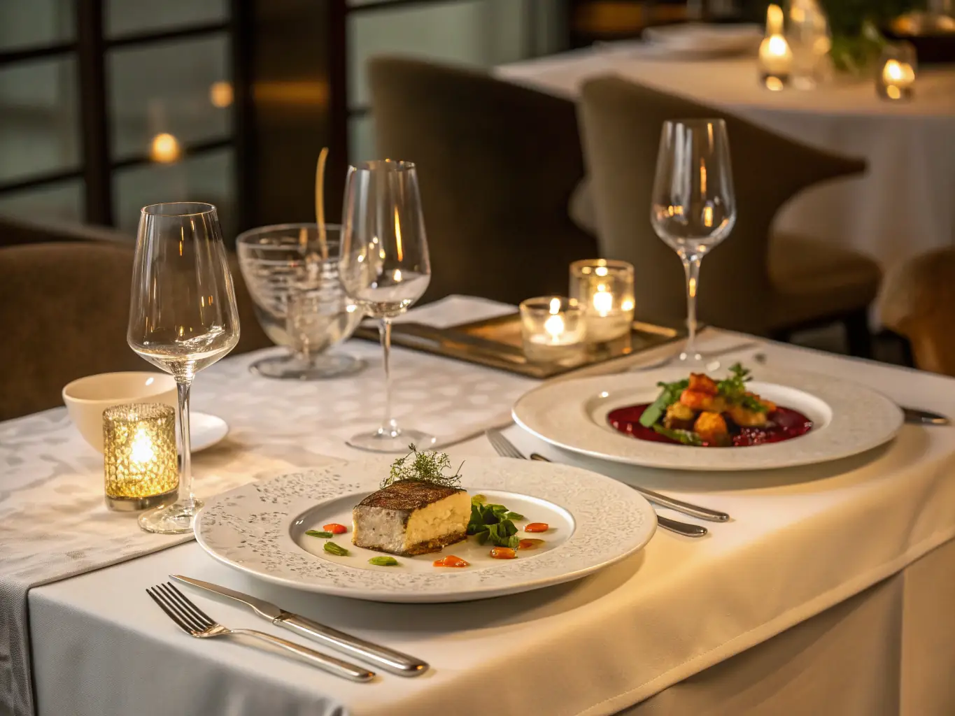 A beautifully arranged table setting in a Michelin-starred restaurant, showcasing exquisite cuisine and elegant ambiance.