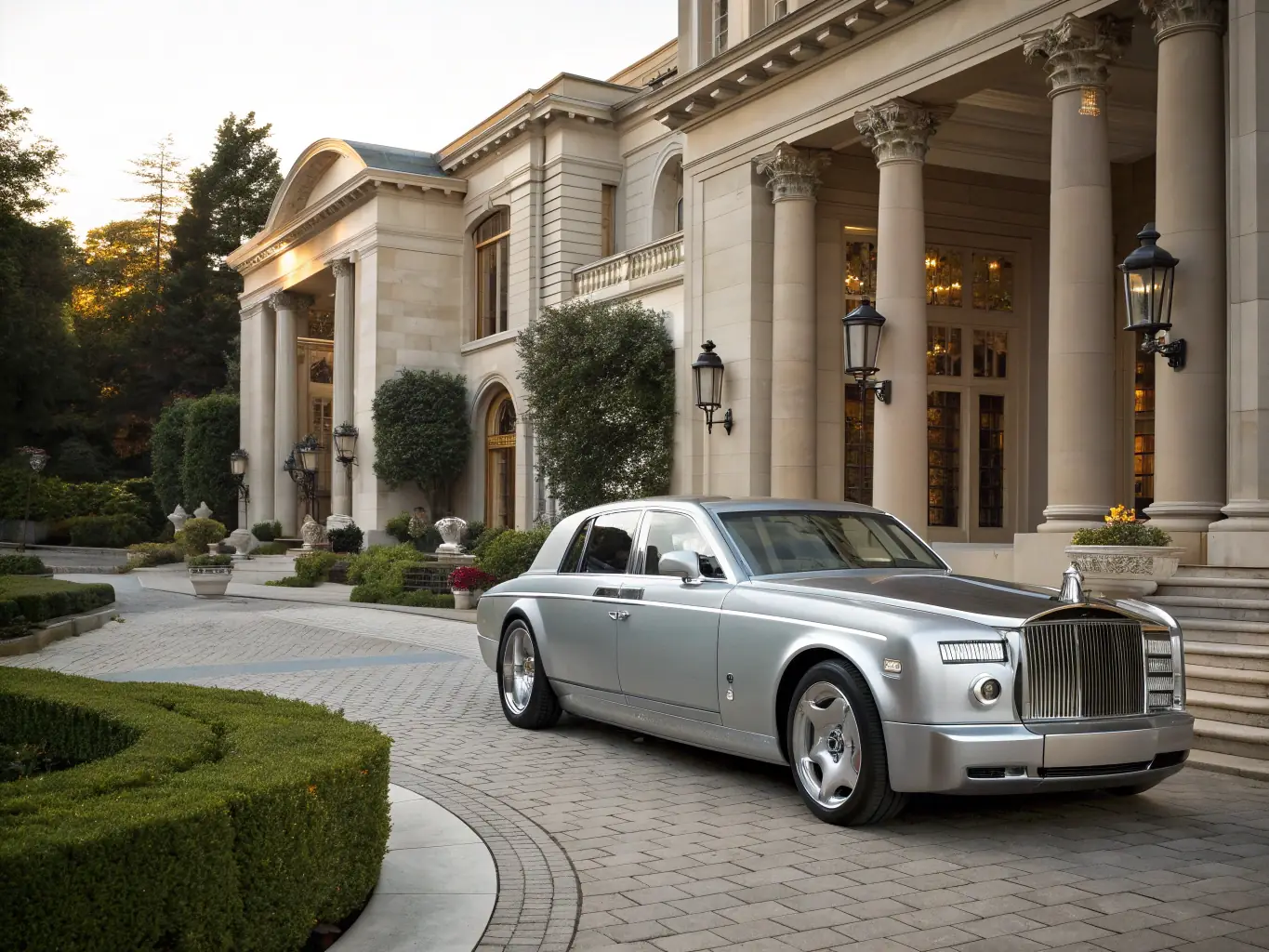A smartly dressed chauffeur stands beside a Rolls Royce Phantom in front of The Ritz London, representing JPN Elite Concierge's private chauffeur service. The scene exudes elegance and sophistication.