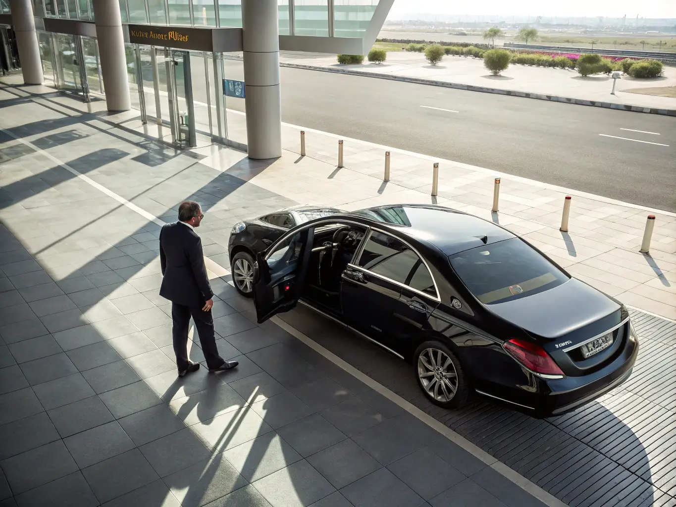 A high-angle, wide shot of a luxury car, such as a Rolls Royce or Bentley, pulling up to the entrance of Sharjah International Airport. A uniformed chauffeur stands ready to assist passengers with their luggage. The scene conveys exclusivity and seamless airport transfer services.