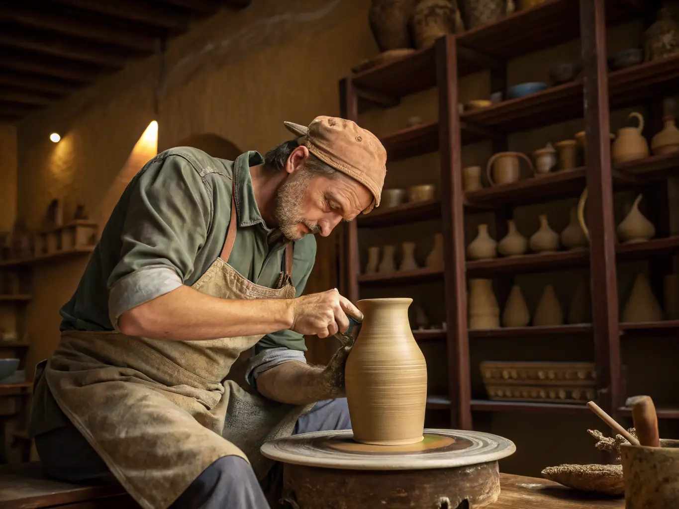 A high-angle photograph of a traditional Emirati craftsman demonstrating pottery making in a heritage village in Sharjah, with intricate designs and authentic tools.