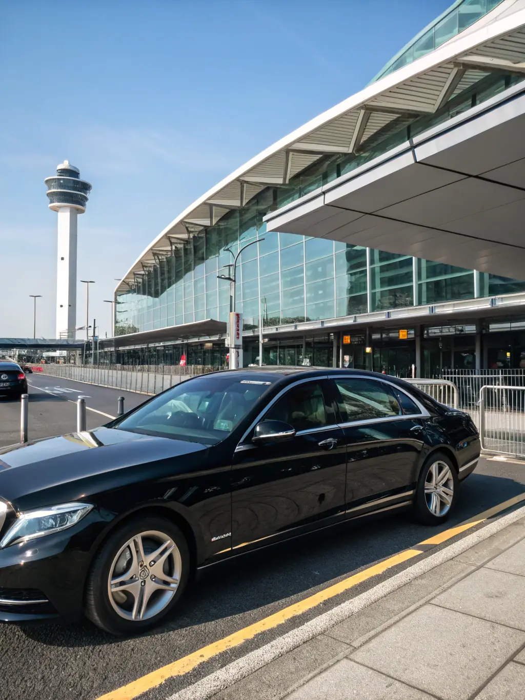 A high-resolution photo of a luxury car, such as a Rolls Royce or Bentley, parked in front of the Dubai International Airport, with a chauffeur standing beside it, ready to greet a client. The scene should convey exclusivity and seamless airport transfer service.