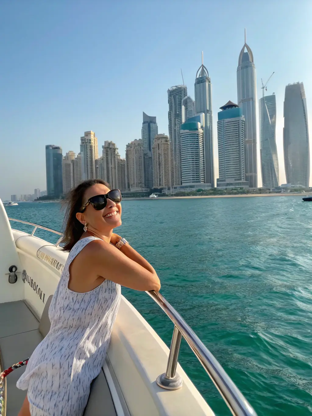 A couple enjoying a romantic dinner on a private yacht in Dubai Marina at sunset, illustrating JPN Elite Concierge's romantic getaway planning.