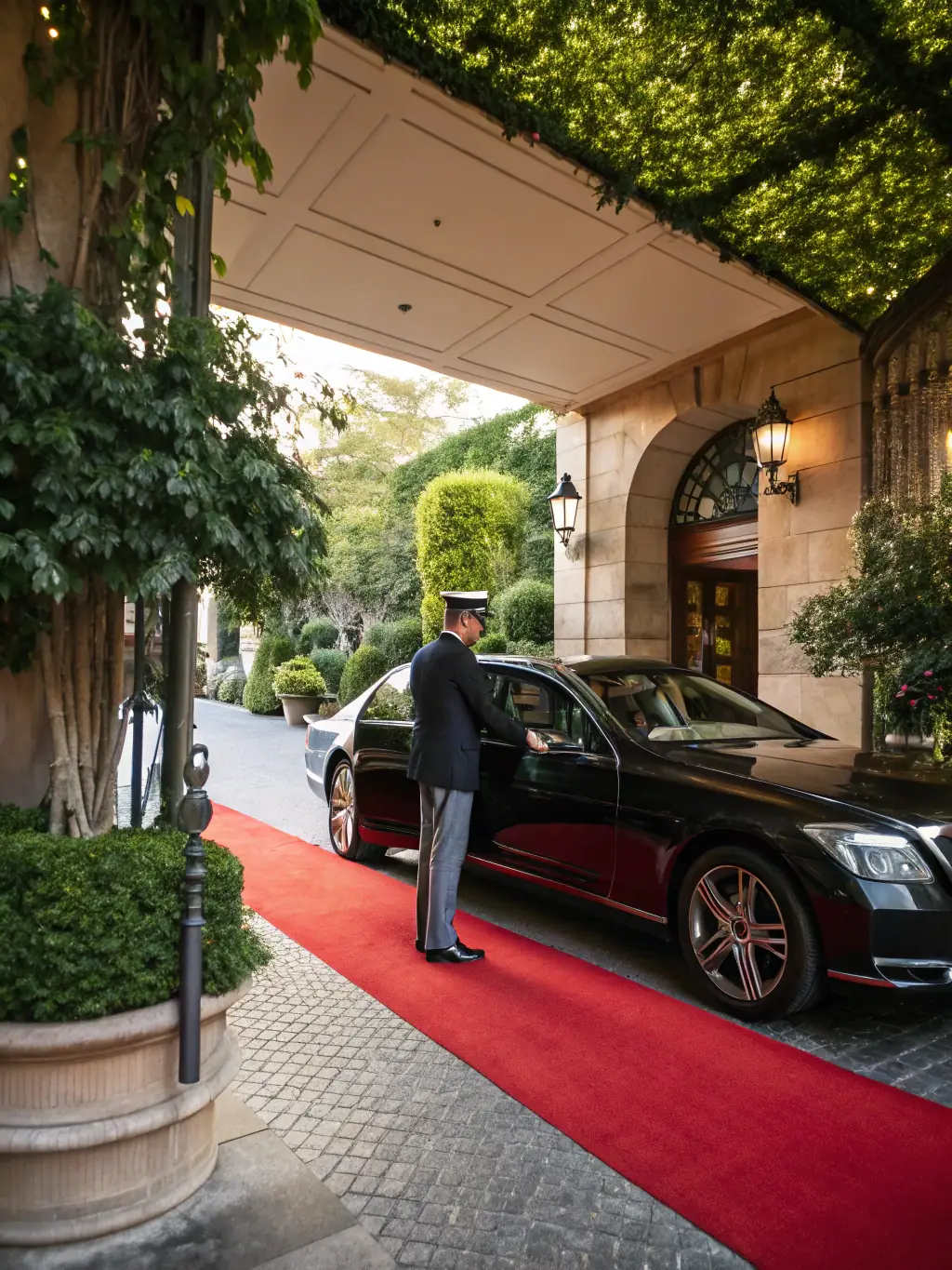 A high-angle shot of a luxury sedan, such as a Mercedes-Benz S-Class or BMW 7 Series, pulling up to the entrance of Birmingham Airport, with a chauffeur opening the door for a passenger. The scene should convey efficiency and premium service.