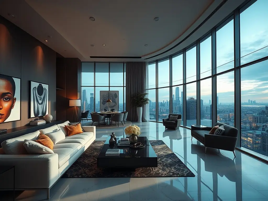 A high-angle, wide shot of a luxury apartment interior in Manchester, featuring modern design, high-end furnishings, and a view of the city skyline through large windows. The image should convey a sense of exclusivity and comfort, suitable for a luxury concierge service.