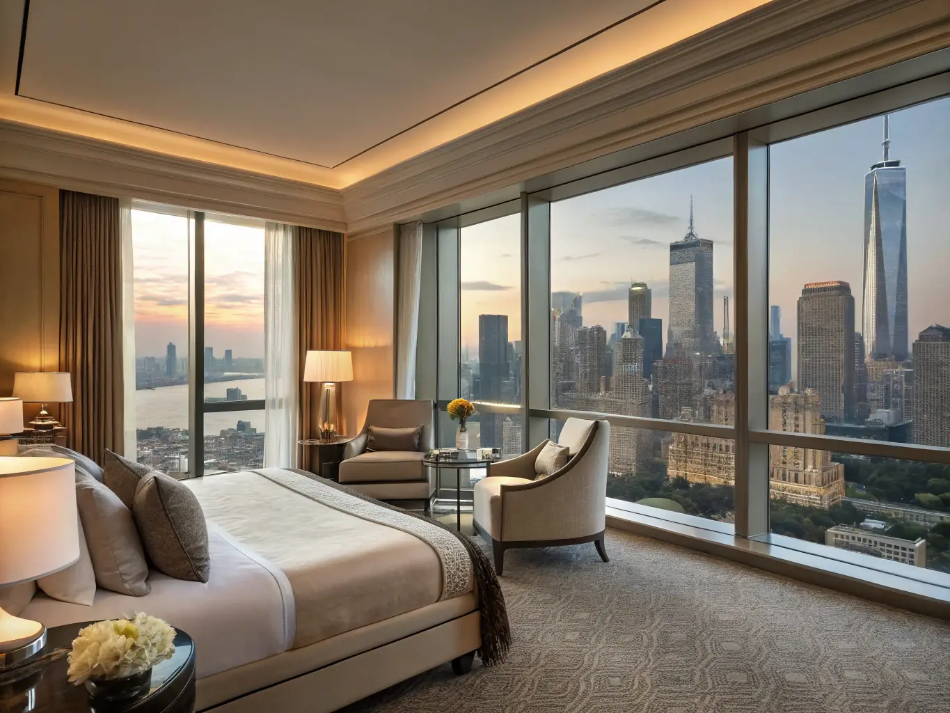 A luxurious hotel suite with floor-to-ceiling windows overlooking a vibrant cityscape at dusk, emphasizing comfort and exclusivity.