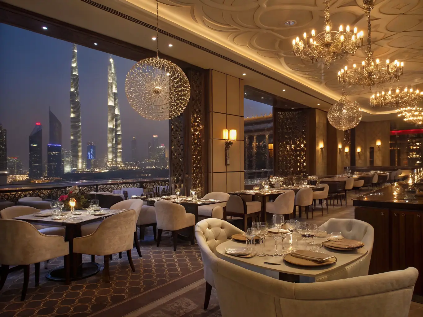 A beautifully set table at a high-end restaurant in Abu Dhabi, featuring exquisite cuisine, fine wines, and elegant decor, highlighting the dining reservation services.