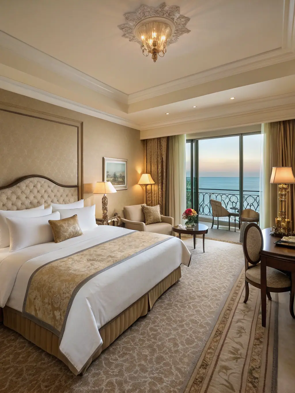 A luxurious suite at The St. Regis Saadiyat Island Resort, Abu Dhabi, showcasing a panoramic view of the turquoise waters and pristine beach. The image should convey exclusivity and relaxation.