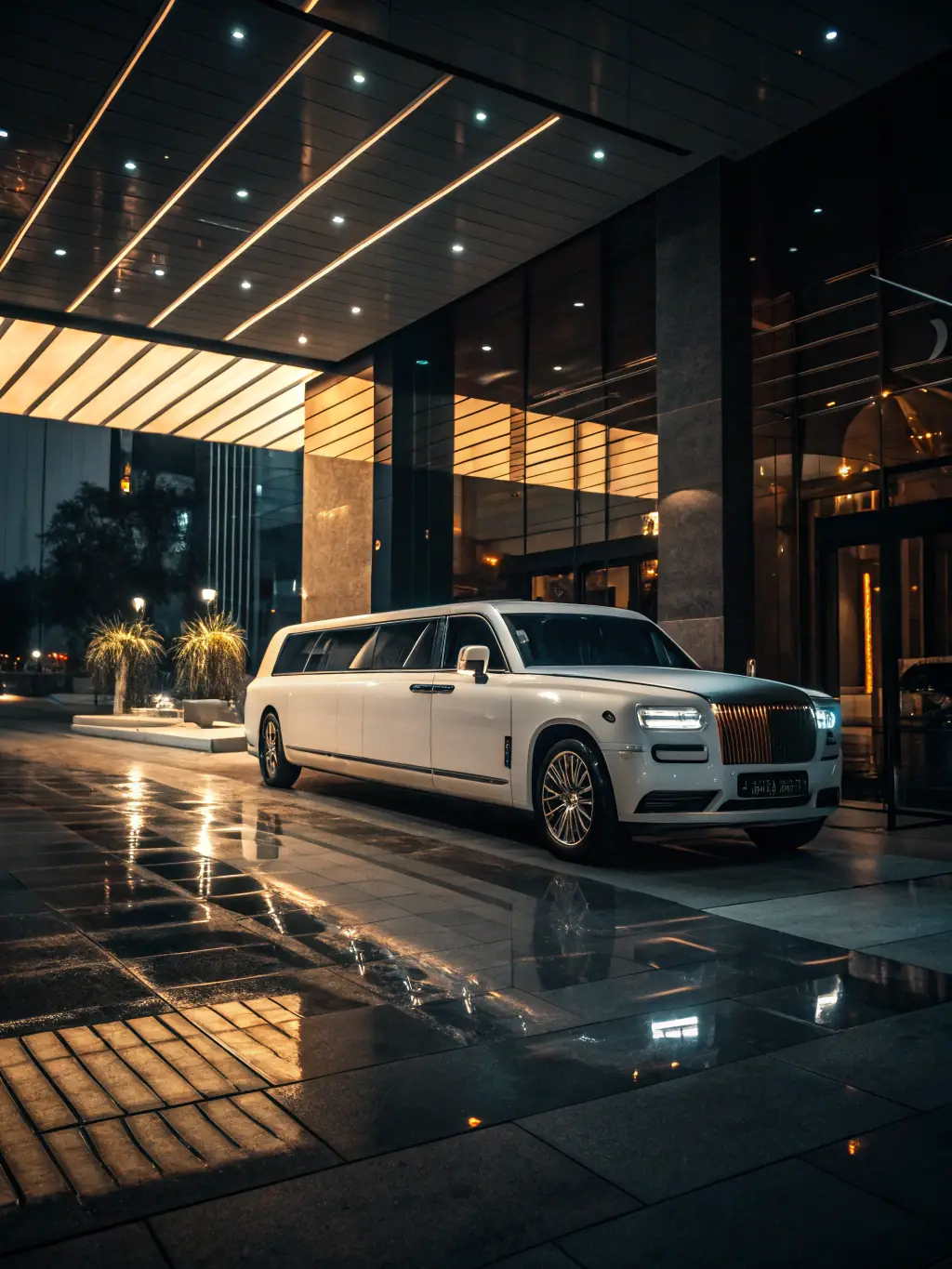 A high-resolution photo of a private car, such as a Rolls Royce or Bentley, waiting at the entrance of Sharjah International Airport, with a chauffeur standing beside it, ready to greet a client. The scene should convey exclusivity and seamless travel.