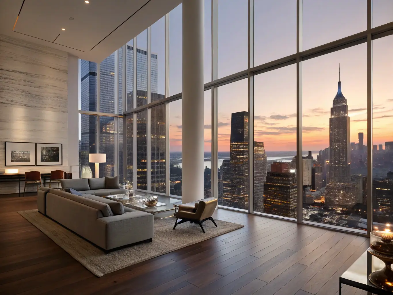 A beautifully decorated penthouse apartment in Manchester city center, featuring floor-to-ceiling windows with panoramic views of the skyline at night.