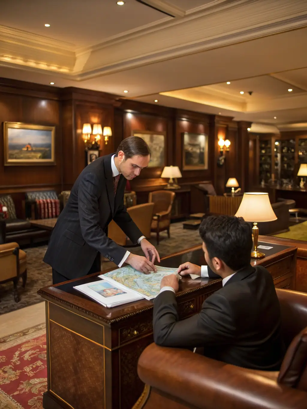 A sophisticated image of a concierge assisting a guest in a luxury apartment lobby in London, showcasing personalized service.