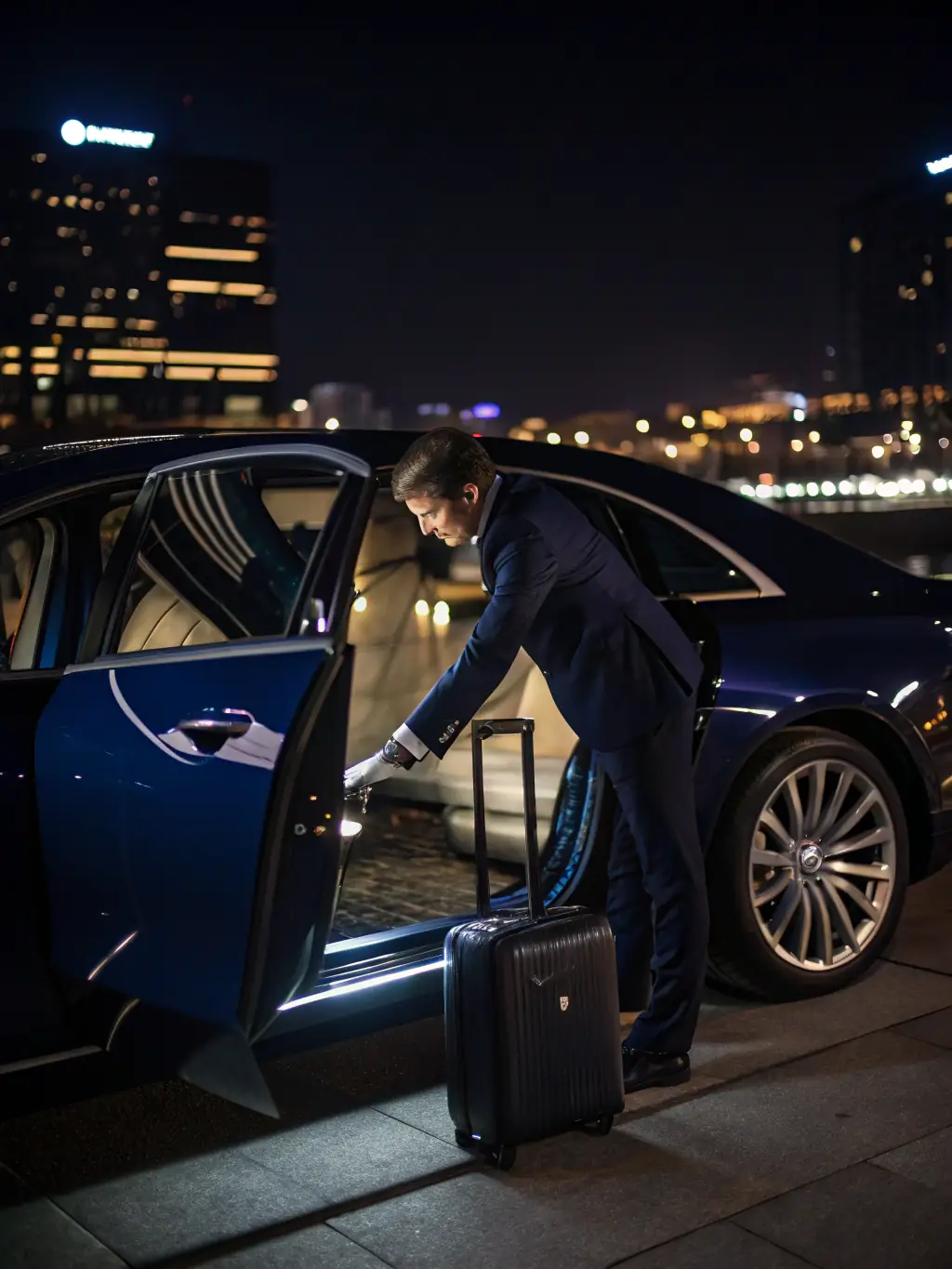 An image of a private chauffeur opening the door of a luxury car for a client in front of a high-end restaurant in Ajman. The scene should depict personalized service and attention to detail.
