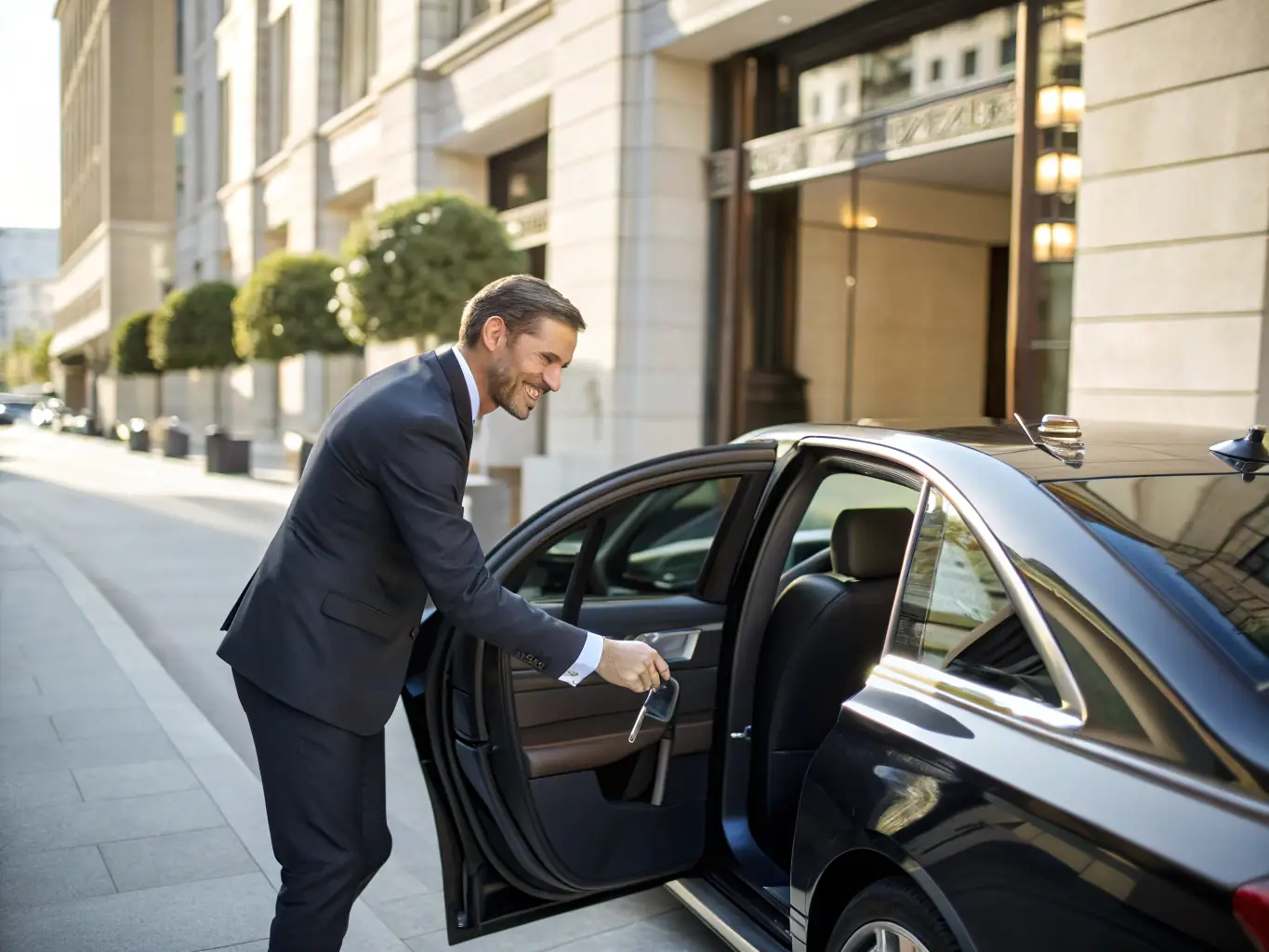 A close-up shot of a chauffeur opening the door of a luxury car (e.g., a Rolls Royce or Bentley) in front of a high-end hotel in Manchester. The focus should be on the luxury and professionalism of the service.