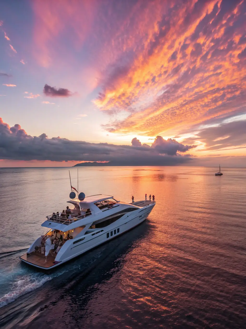 A private yacht sailing along the Abu Dhabi Corniche at sunset, with the city skyline in the background. The image should evoke romance and adventure.
