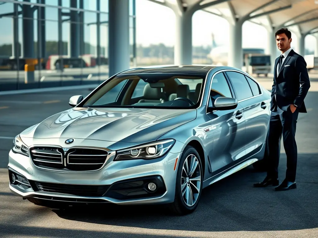 A professional chauffeur in a suit standing next to a sleek, black luxury car outside a high-end airport terminal.