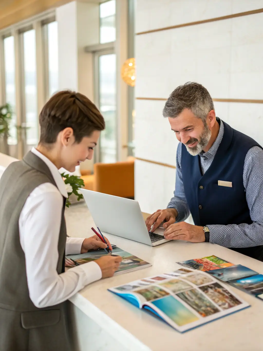 An image of a JPN Elite Concierge team member presenting a customized itinerary to an international traveler, showcasing tailored travel planning.