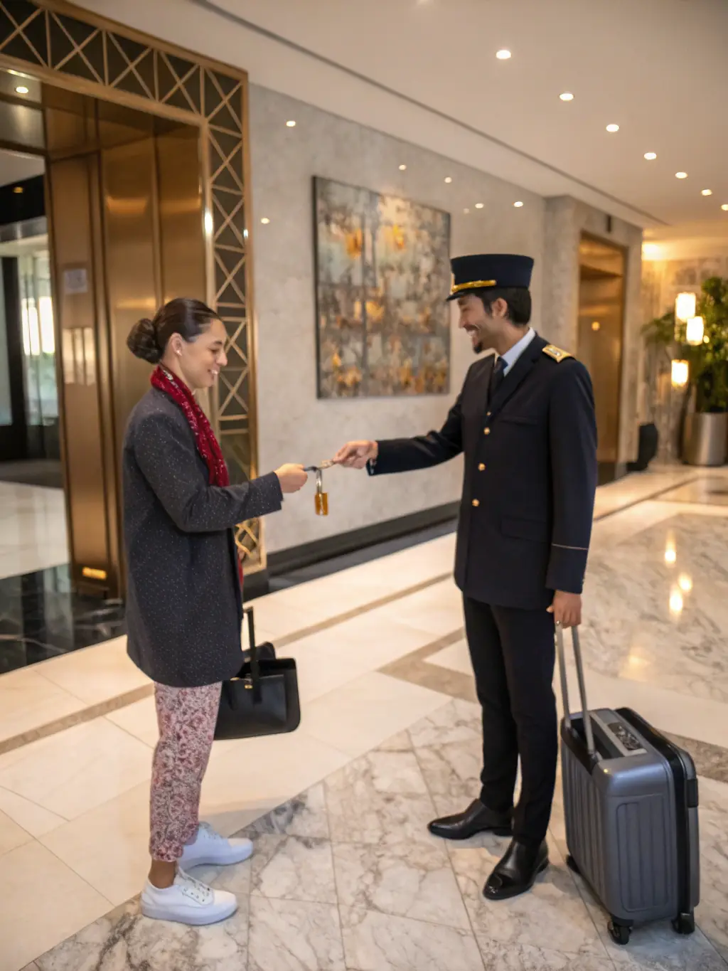 An image of a JPN Elite Concierge representative handing over keys to a satisfied client in front of a luxury apartment building.