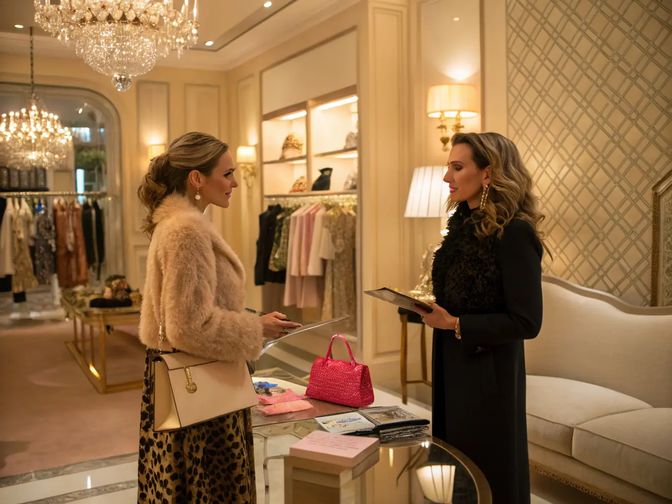 A discreet concierge assisting a VIP client with private shopping in a high-end boutique, emphasizing discretion.