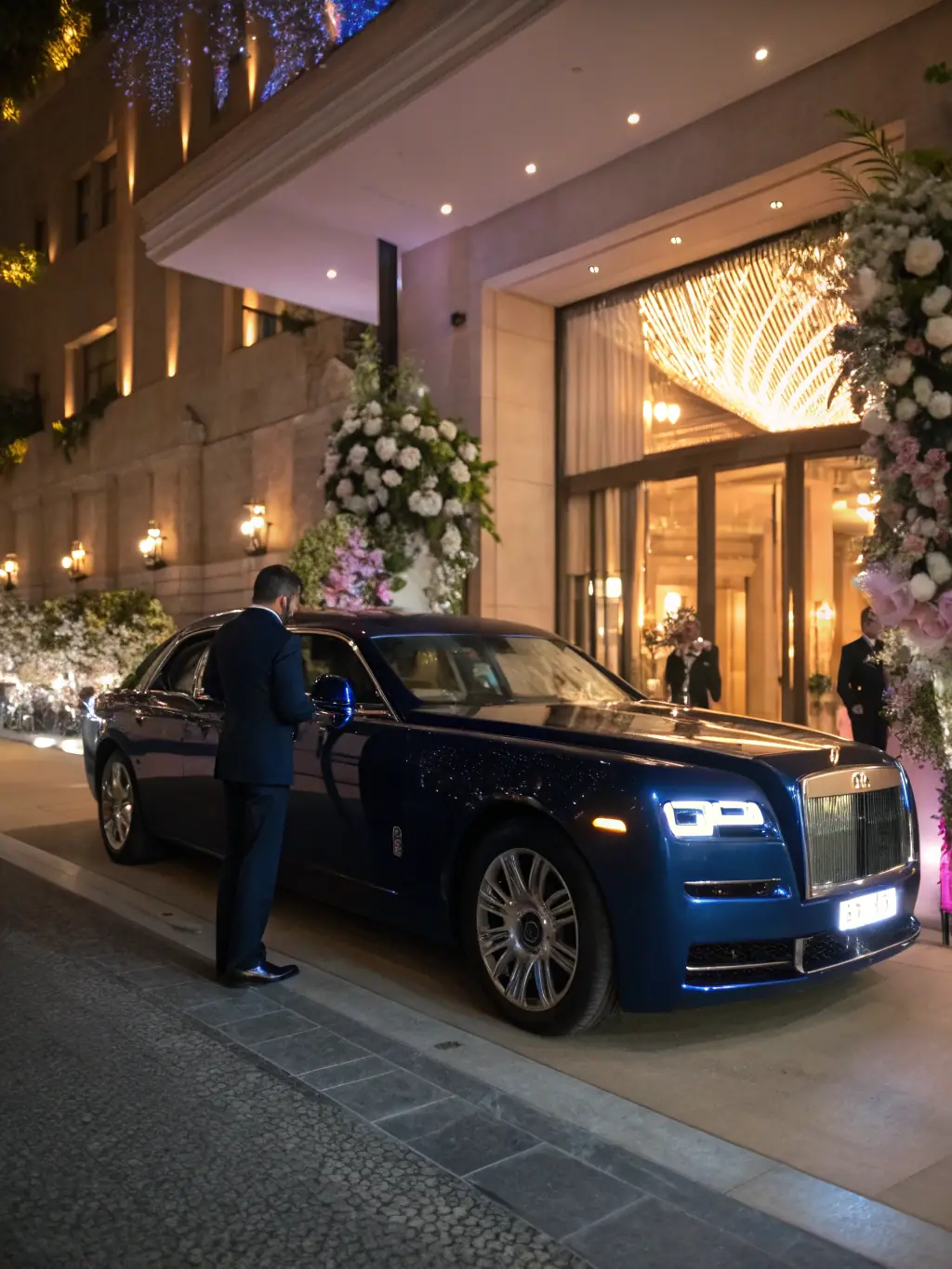 A luxury car arriving at a red carpet event in Dubai, symbolizing JPN Elite Concierge's premium transportation and event services.
