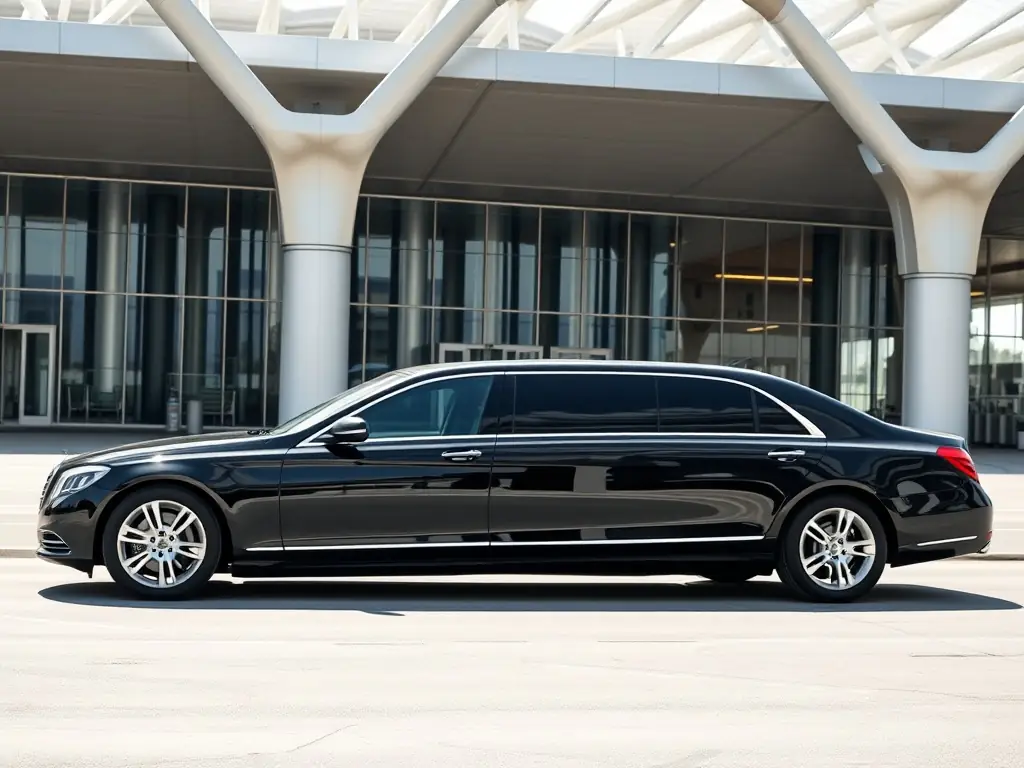 A sleek, black luxury car with a private driver waiting outside a high-end airport terminal, illustrating the convenience and sophistication of JPN Elite Concierge's airport transfer services.
