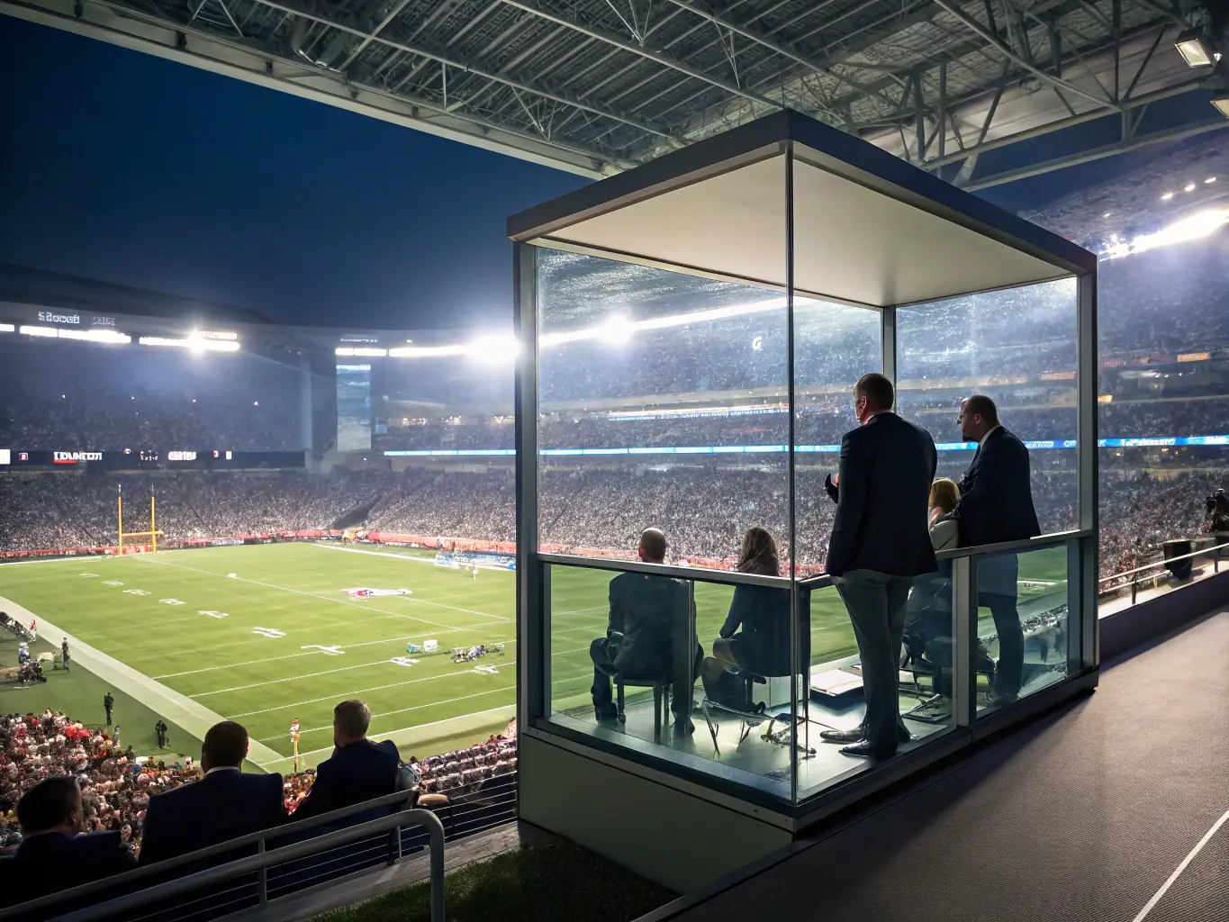 A VIP box at a Manchester United or Manchester City football match, with plush seating, gourmet food, and champagne service. Excited fans are cheering in the background.