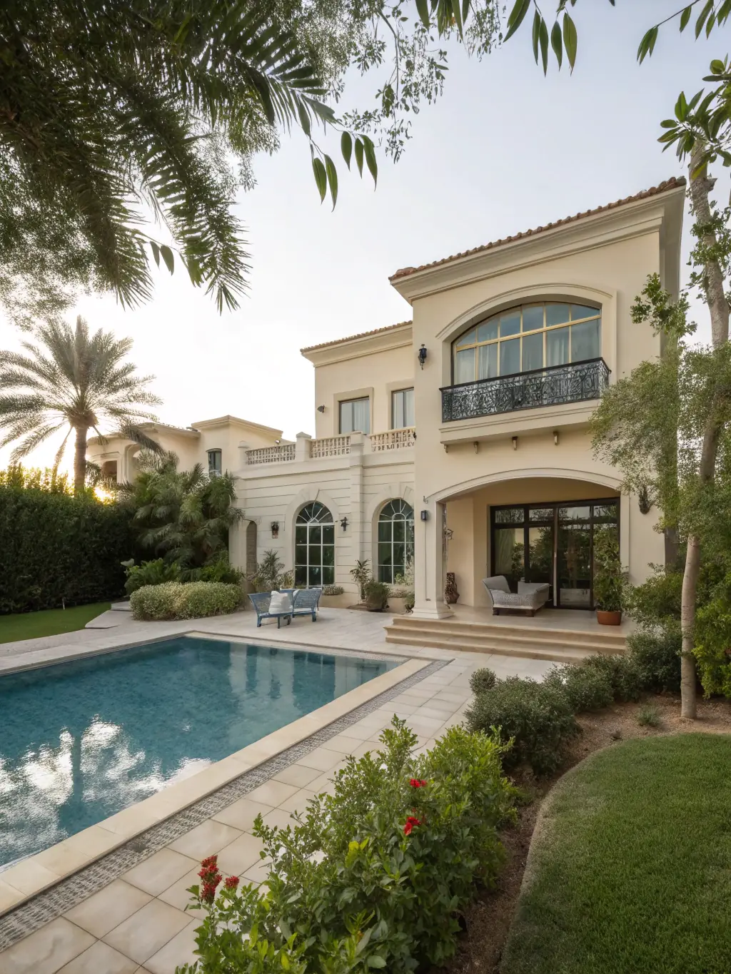 A serene image of a luxury villa in Abu Dhabi, featuring a private pool and stunning views of the Arabian Gulf, highlighting relaxation and exclusivity.