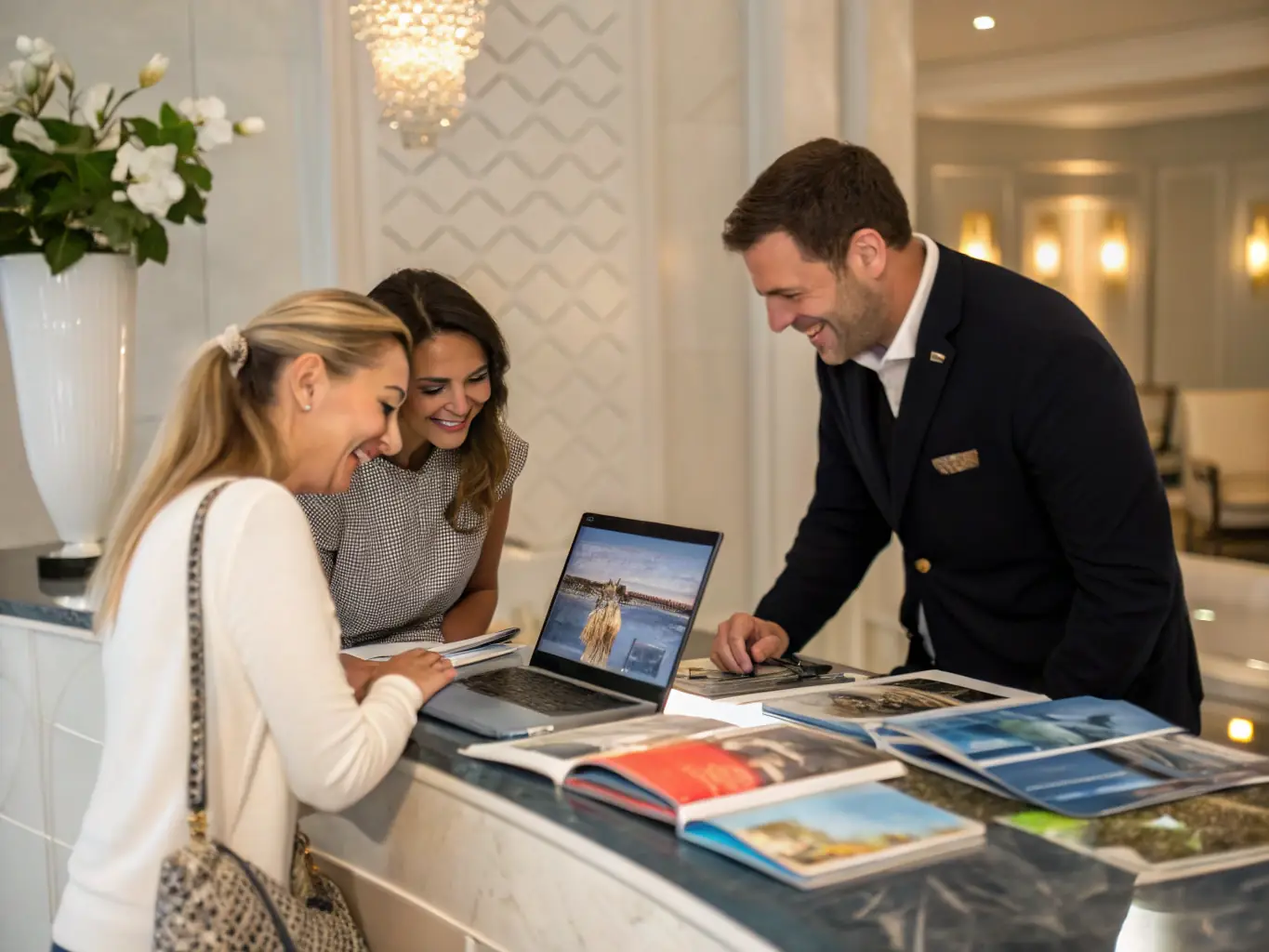 A warmly lit, high-end office setting with a concierge assisting a client, reviewing travel documents and discussing itinerary details, conveying personalized service.