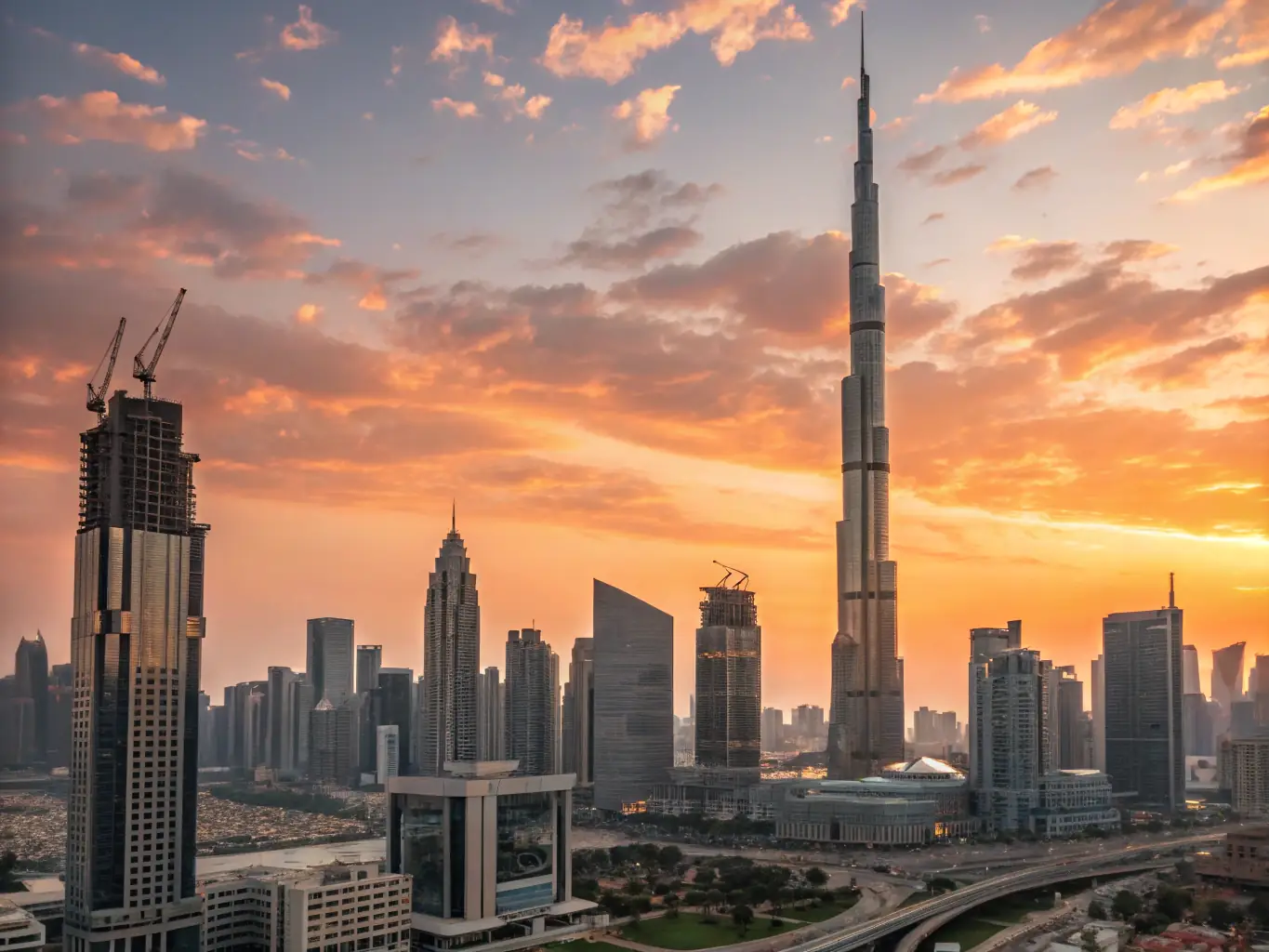 Dubai skyline at dusk, showcasing modern architecture and luxury hotels.