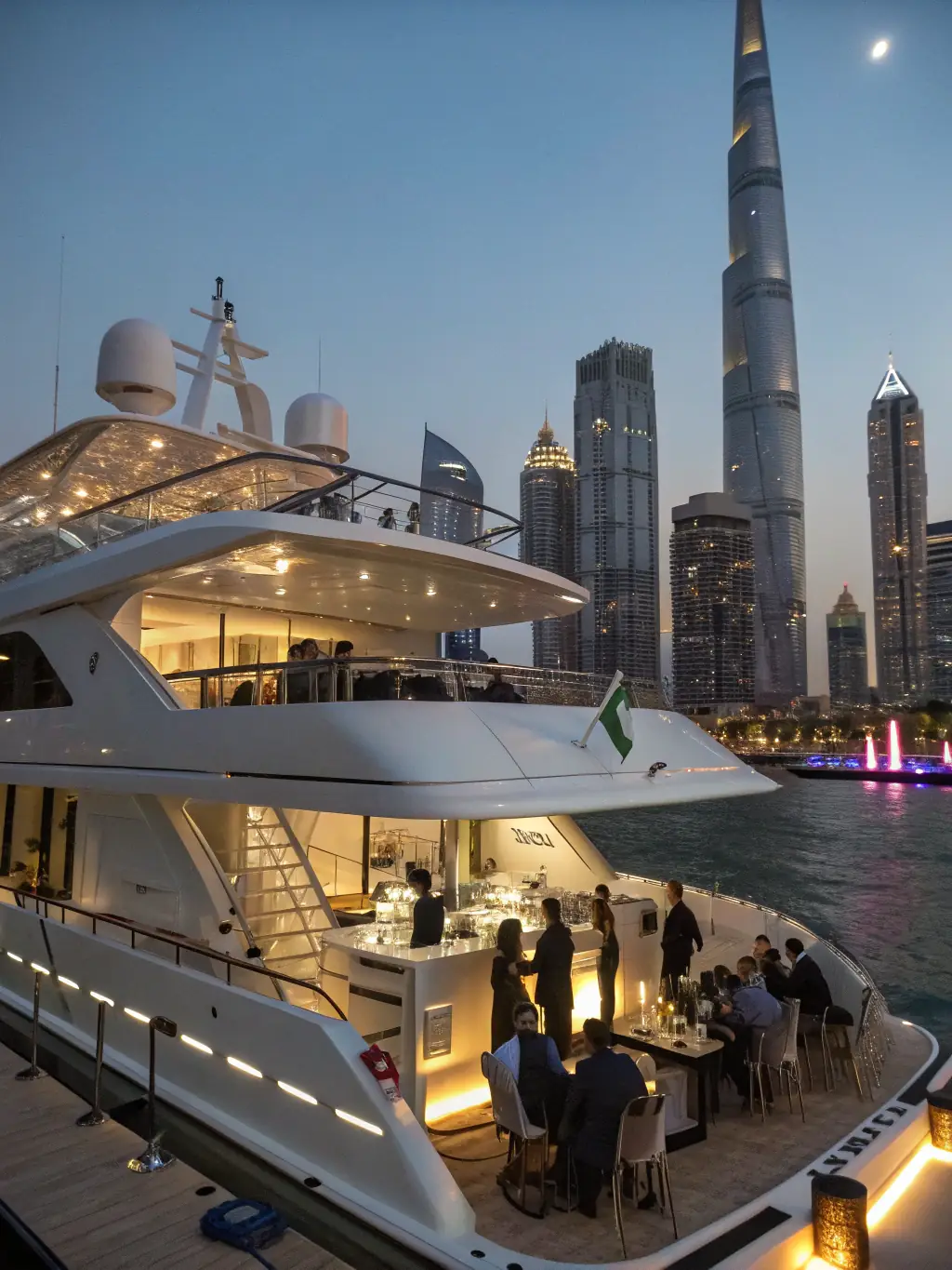 An aerial shot of a luxurious yacht sailing in the Dubai Marina, with the city skyline in the background. The image should evoke a sense of freedom, luxury, and exclusivity.
