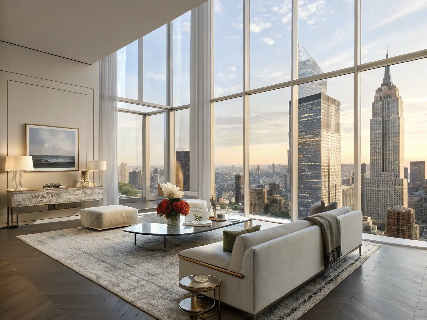 A beautifully decorated, modern apartment interior in Sharjah, featuring high-end furniture, floor-to-ceiling windows with a view of the city skyline or waterfront, and luxurious amenities. The scene emphasizes comfort and sophistication.