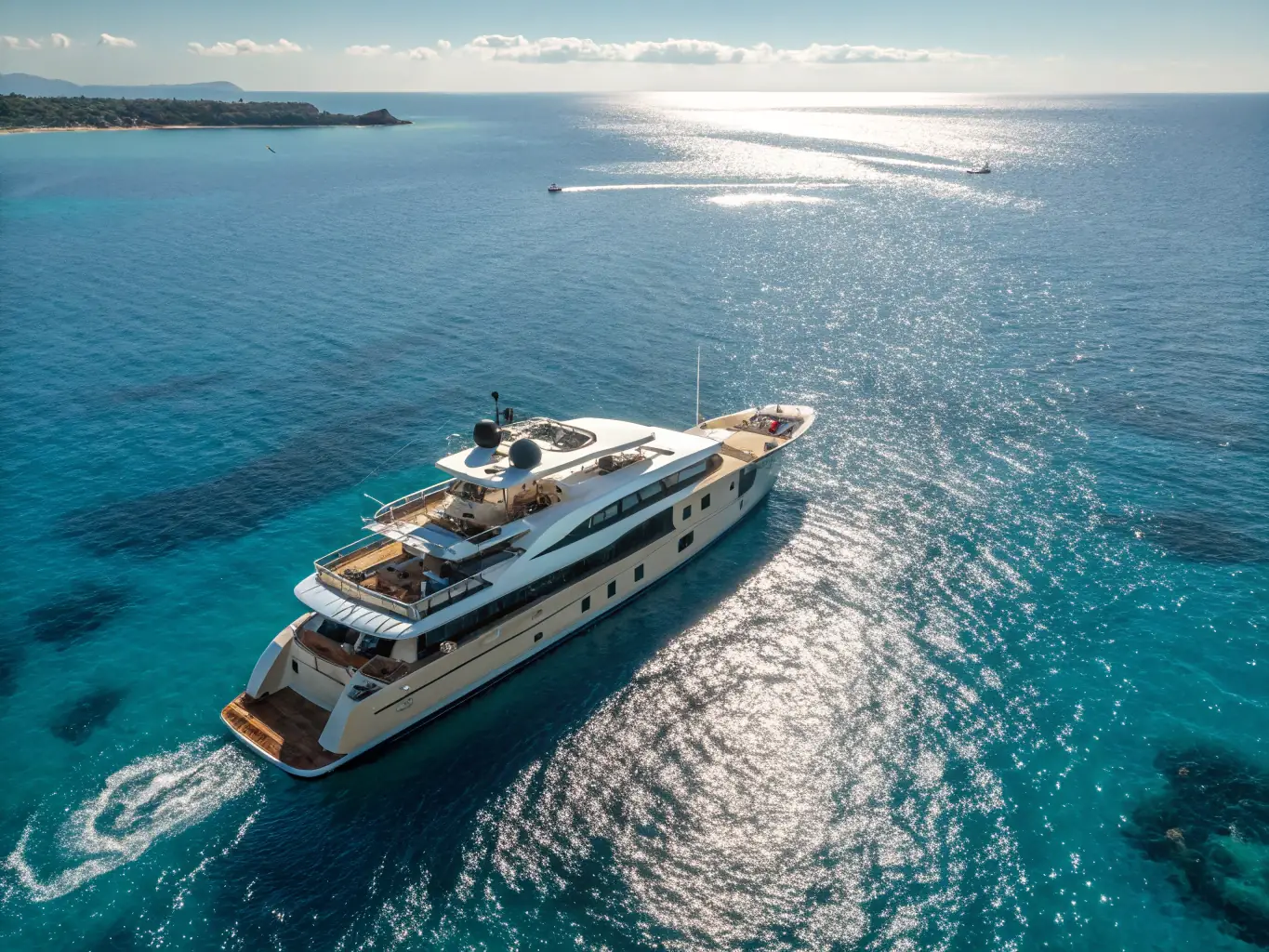 A luxurious yacht sailing on the calm waters of the Arabian Gulf, with the Abu Dhabi skyline in the background. The yacht is sleek and modern, with guests enjoying the sun and the sea from the deck.