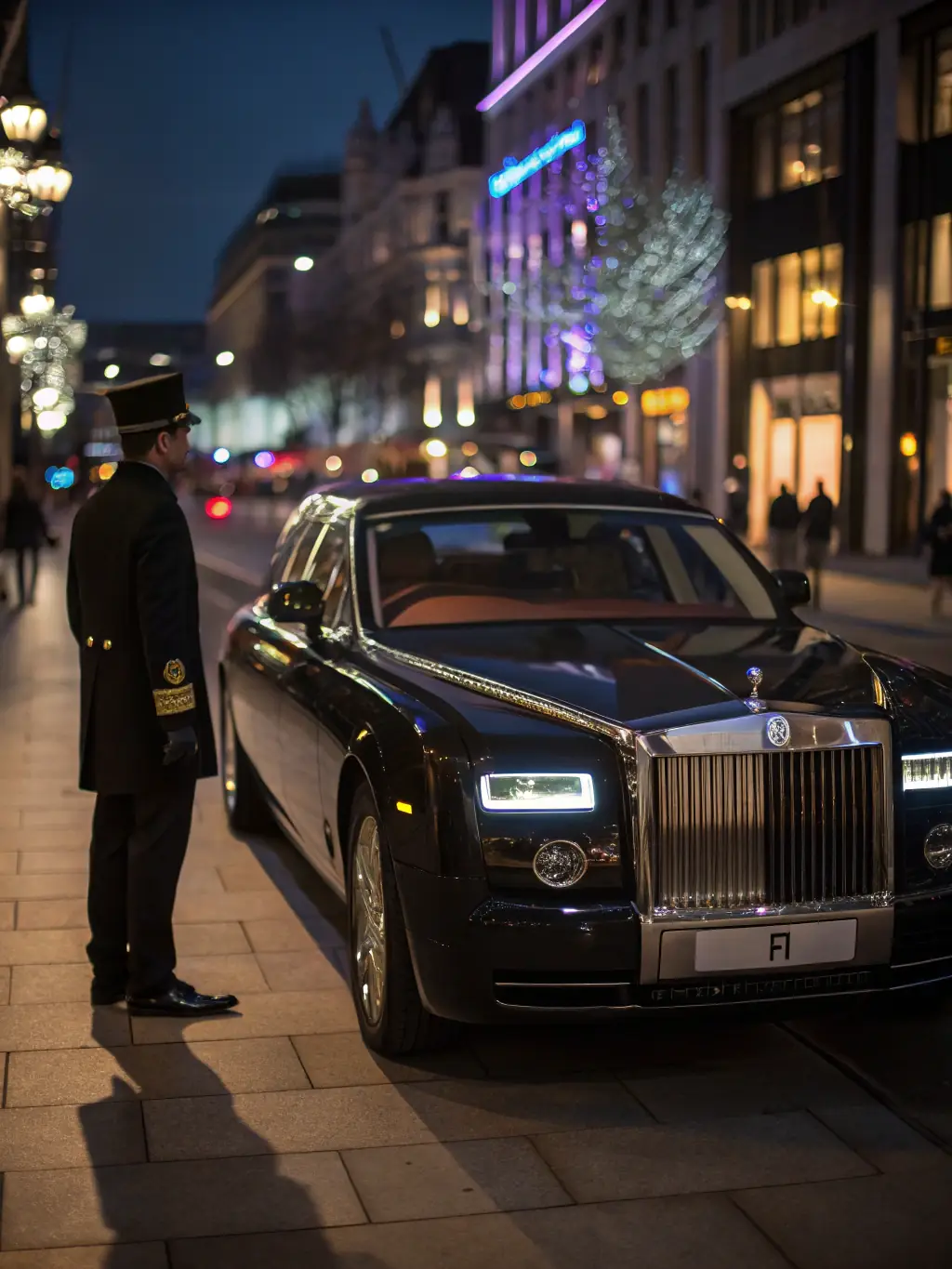 A smartly dressed chauffeur standing beside a luxury car (Rolls Royce or similar) in front of a landmark Birmingham building, such as the Library of Birmingham or the Selfridges building. The image should convey exclusivity and professionalism.