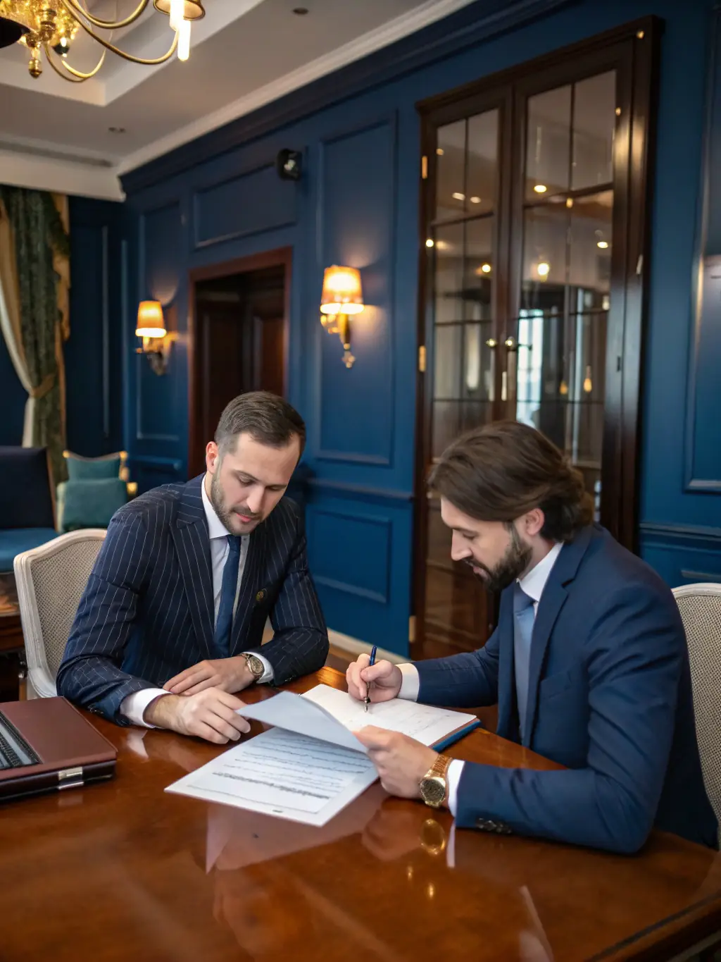 A consultant in a high-end office, discussing travel plans with a client, both looking at a tablet displaying luxury hotel options. The scene conveys personalized service and attention to detail.