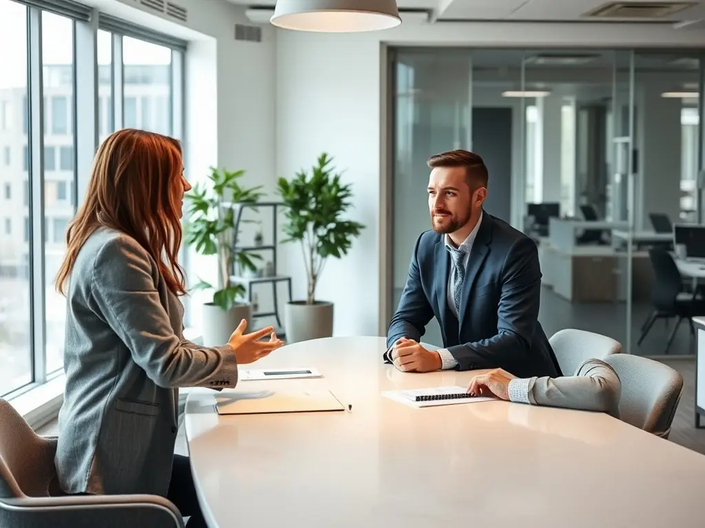 A luxurious office setting with a concierge and client in a relaxed discussion, reviewing travel plans and preferences over coffee, symbolizing the initial consultation phase.